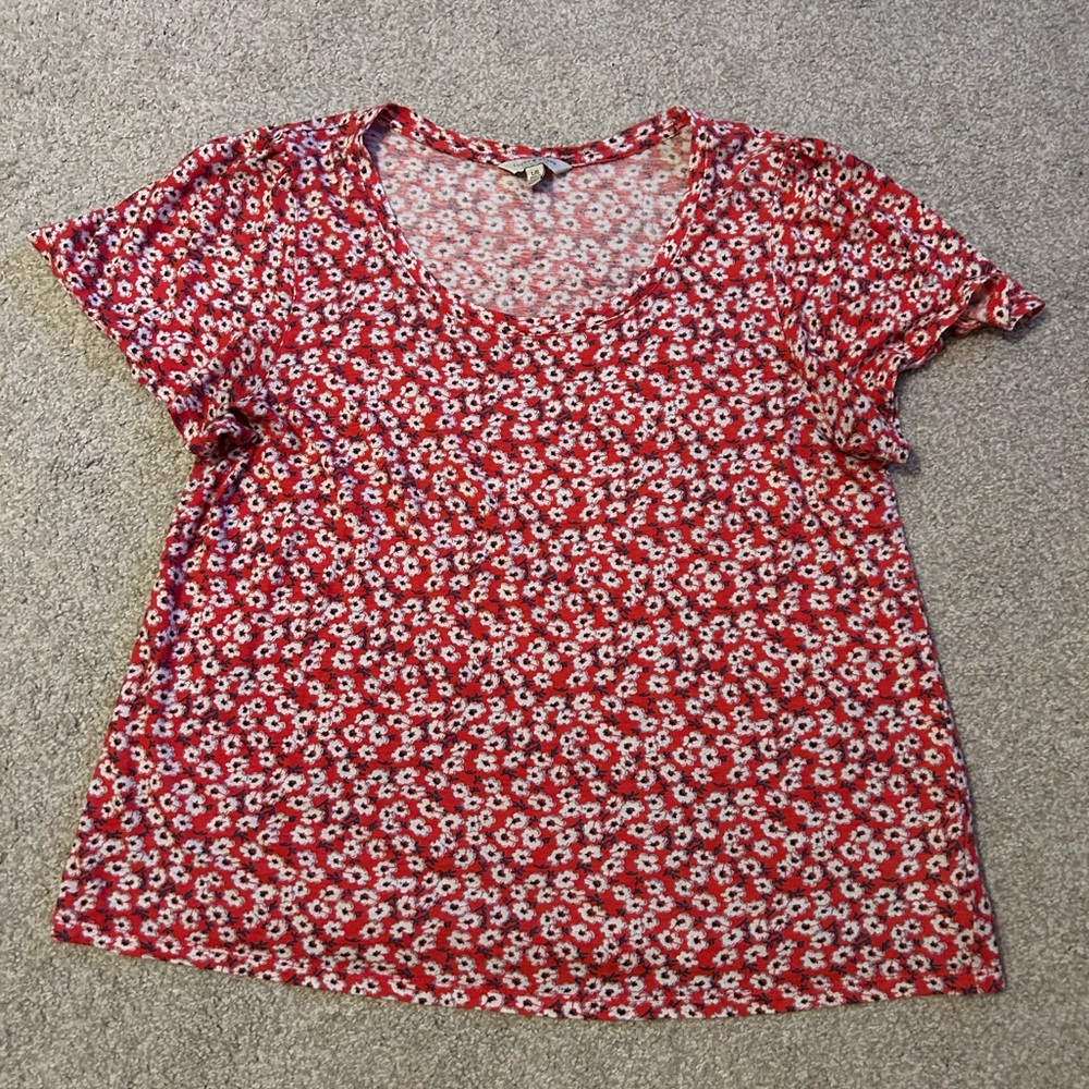 Lucky Brand Red Daisy Scoop Neck Tee